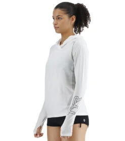 TYR Women's SunDefense Long Sleeve Hooded UPF 50+ Swim Shirt -Roxy Zone 7573286748328 white 6a